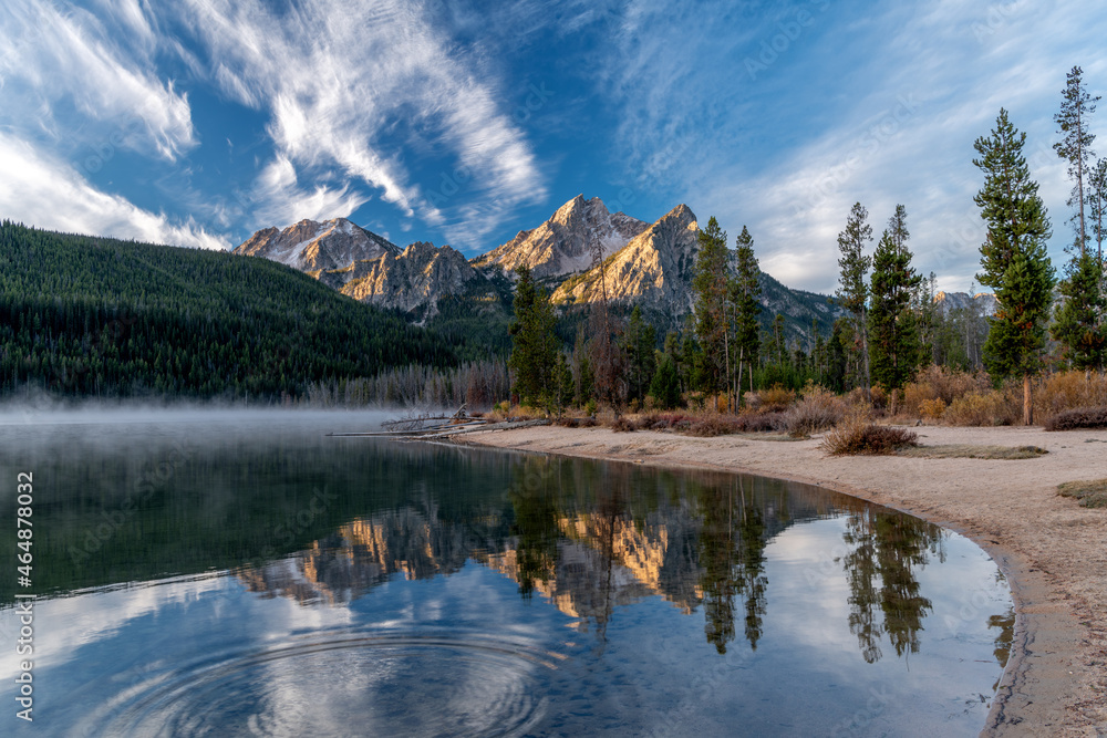 Stanley Lake shoreline with majestic McGowan peak reflection