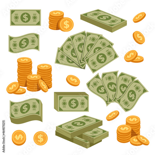 Paper green dollar money banknote and golden coins isolated design element vector flat set