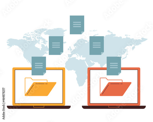 Data folder transfer from laptop to laptop isolated design element vector flat concept illustration