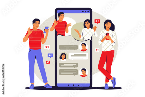 Messenger concept. People forwards messages to friends or colleagues. Vector illustration. Flat.