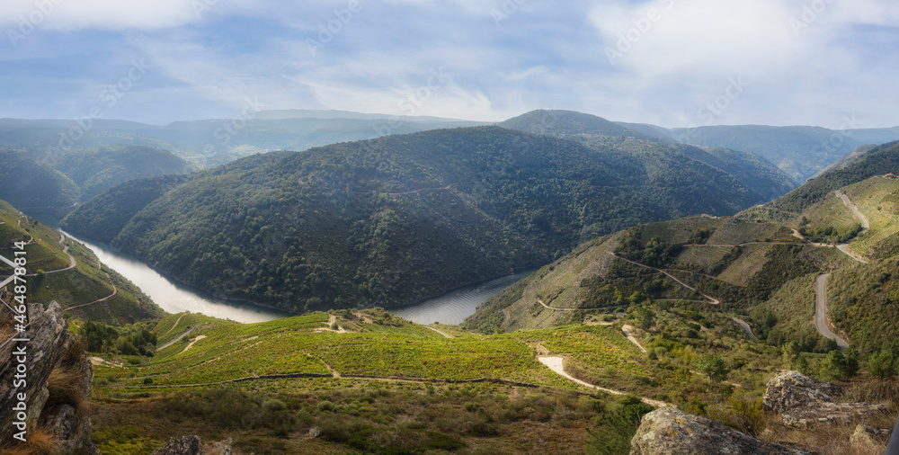 panoramic aerial photograph of the vineyards in the Ribeira Sacra from a beautiful viewpoint.