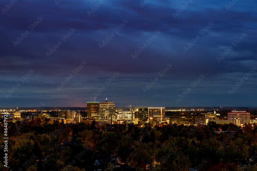 Boise Skyline at night with dark blue sky and clouds