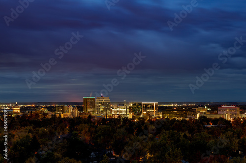 Boise Skyline at night with dark blue sky and clouds