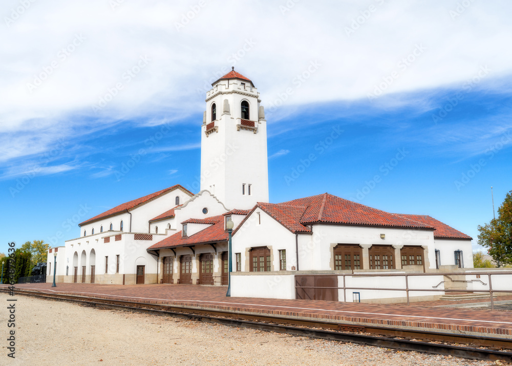 Boise City train Depot with tracks and blue sky Boise City train Depot with tracks and blue sky