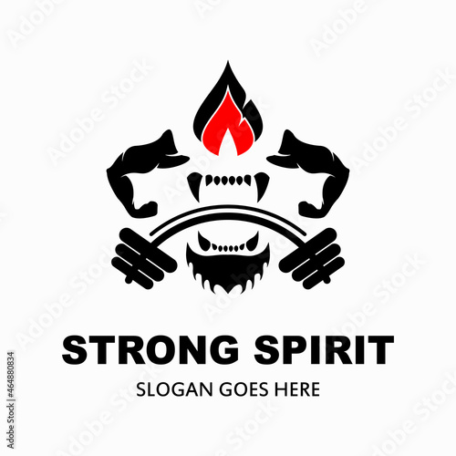 Fitness vector logo design template, vector design for gym and fitness. fire icon, muscular hands, barbell and tiger bite. strong spirit illustration