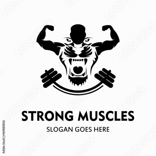 Fitness vector logo design template, vector design for gym and fitness. very strong muscular body silhouette like a tiger
