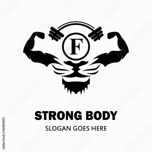 Fitness vector logo design template, vector design for gym and fitness. muscle illustration with tiger mouth