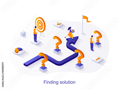 Finding solution isometric web concept. People choose direction moving to goal, aim at target, think questions. Brainstorming, creativity scene. Vector illustration for website template in 3d design