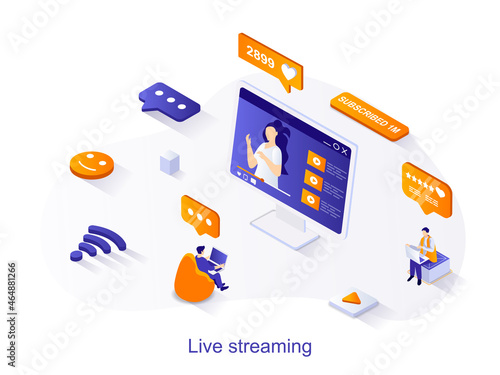 Live streaming isometric web concept. People watching blogger video stream, movie or news using laptops. Internet broadcast service scene. Vector illustration for website template in 3d design