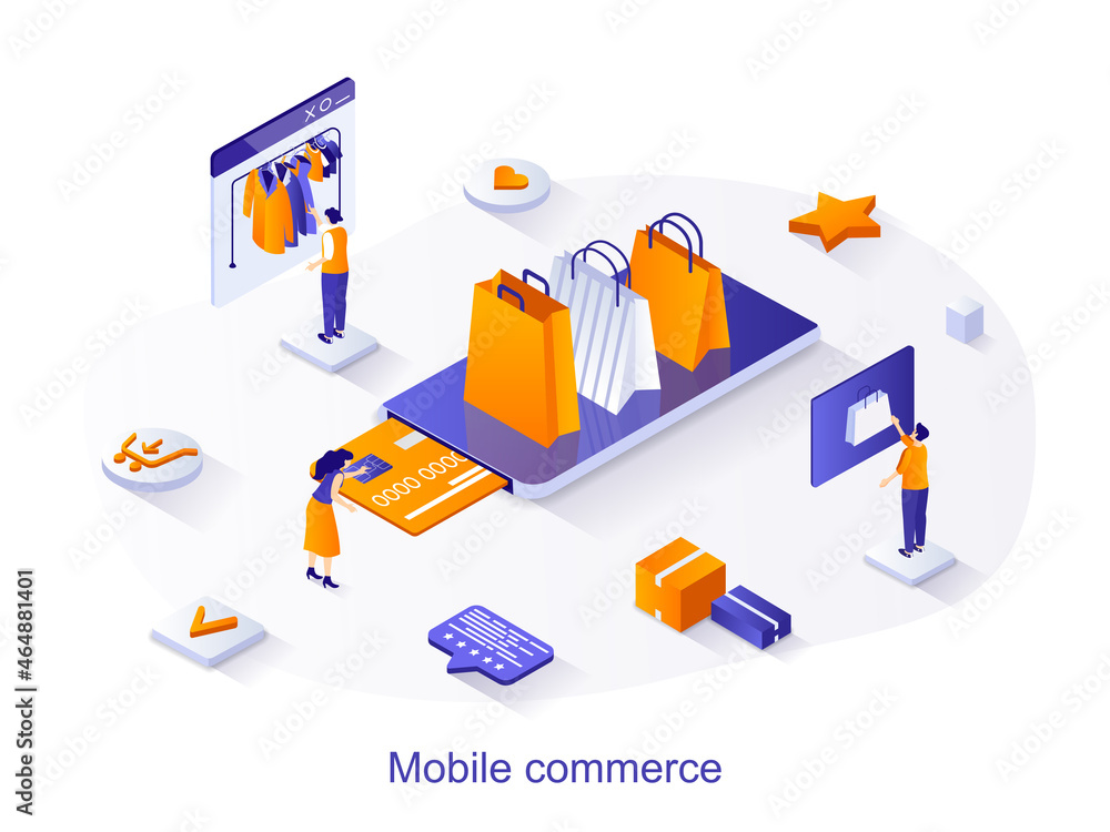 Fototapeta premium Mobile commerce isometric web concept. People buy clothes on store site, pay for purchases and order home delivery using mobile application scene. Vector illustration for website template in 3d design