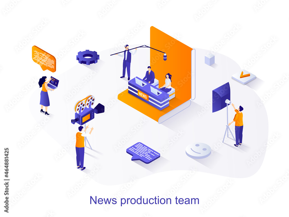 News production team isometric web concept. People conduct news program, record TV shows on cameras in studio. Journalism and mass media scene. Vector illustration for website template in 3d design