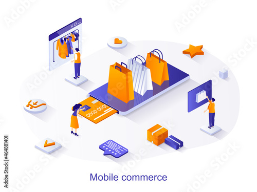 Mobile commerce isometric web concept. People buy clothes on store site, pay for purchases and order home delivery using mobile application scene. Vector illustration for website template in 3d design