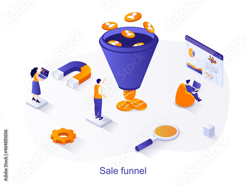 Sale funnel isometric web concept. People study customer behavior, business communication with client, purchase. Marketing analytical tool scene. Vector illustration for website template in 3d design