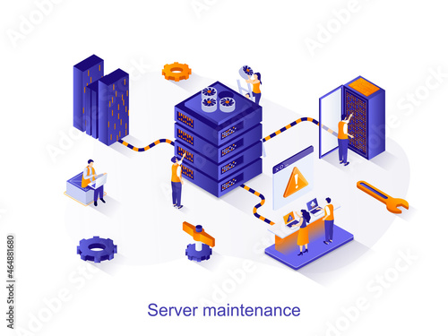 Server maintenance isometric web concept. People working at server rack hardware room, technology department engineers support equipment scene. Vector illustration for website template in 3d design