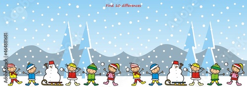 Find ten differences, game, little kids with sledge and snowman on the mountain, vector illustration