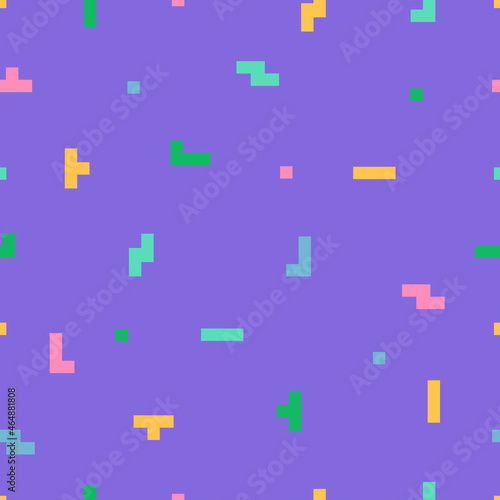 Memphis gaming random particles seamless pattern.  Purple repeat baby child decorative texture or fabric design. Square vector pattern with geometric square pixel mosaic elements like tetris shapes. 
