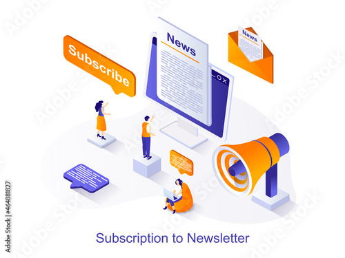 Subscription newsletter isometric web concept. People receive promotional letters at e-mail. Business communication and online promotion scene. Vector illustration for website template in 3d design