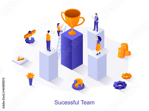 Successful team isometric web concept. People working together, achieve business goals, win valuable trophies and receive winner cup scene. Vector illustration for website template in 3d design