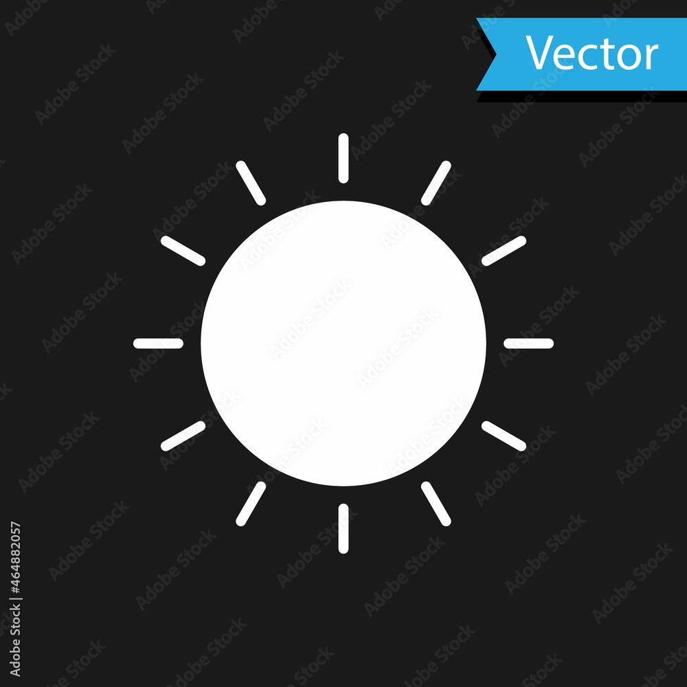 White Sun icon isolated on black background. Summer symbol. Good sunny day. Vector Illustration