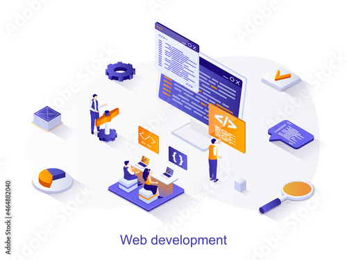 Web development isometric web concept. People create and optimize a web page, work with code and interface design. Programmers teamwork scene. Vector illustration for website template in 3d design