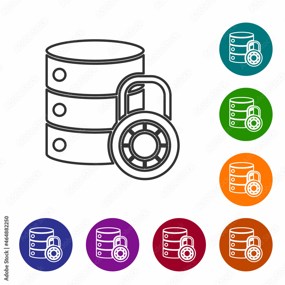 Black line Server security with closed padlock icon isolated on white background. Security, safety, protection concept. Set icons in color circle buttons. Vector Illustration Black line Server security with closed padlock icon isolated on white background. Security, safety, protection concept. Set icons in color circle buttons. Vector Illustration