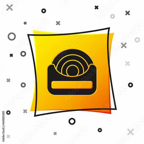 Black Dental floss icon isolated on white background. Yellow square button. Vector