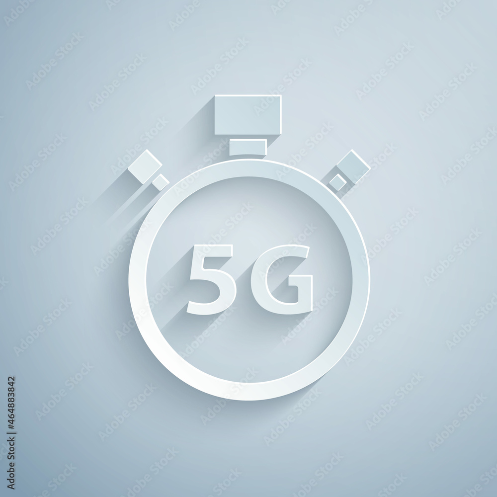 Paper cut Digital speed meter concept with 5G icon isolated on grey background. Global network high speed connection data rate technology. Paper art style. Vector Paper cut Digital speed meter concept with 5G icon isolated on grey background. Global network high speed connection data rate technology. Paper art style. Vector