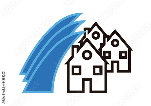 Icono de tsunami arrasando pueblo en fondo blanco.