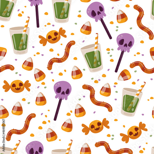 Seamless pattern with Halloween sweets on a white background. Lollipops, pumpkin, drinks, worms and candy. Vector illustration in cartoon style, hand made children s drawing. Textile printing