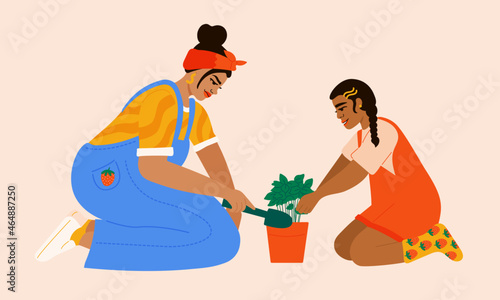 Illustration of mother and young daughter taking care of plant