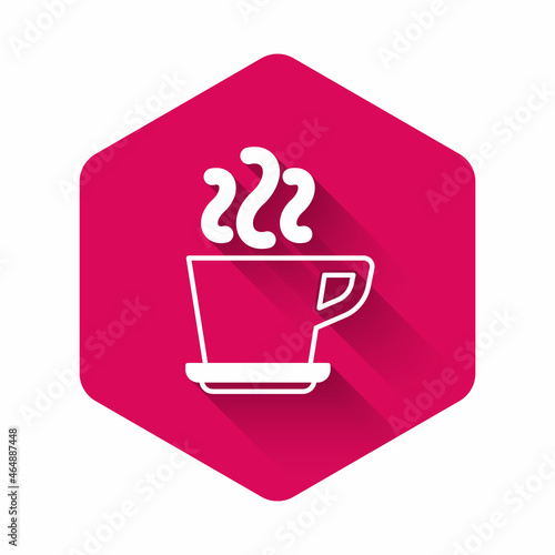 White Coffee cup icon isolated with long shadow background. Tea cup. Hot drink coffee. Pink hexagon button. Vector