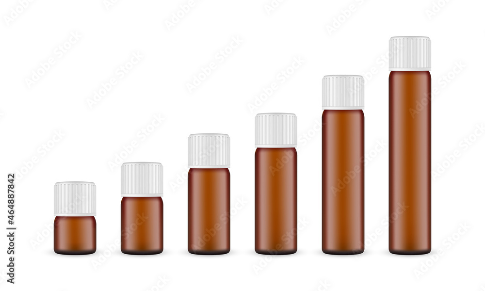 Set of Amber Cosmetic or Pharmaceutical Vials with Different Sizes, Isolated on White Background. Vector Illustration Set of Amber Cosmetic or Pharmaceutical Vials with Different Sizes, Isolated on White Background. Vector Illustration