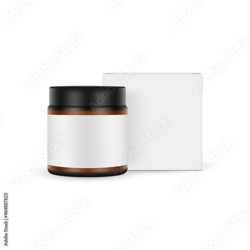 Amber Cosmetic Jar Mockup with Paper Packaging Box, Front View, Isolated on White Background. Vector Illustration
