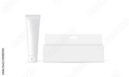 Plastic Tube with Horizontal Paper Box, Isolated on White Background. Mockup for Packaging Toothpaste or Cream. Vector Illustration