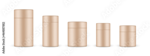 Cardboard Kraft Cylinder Paper Packaging Boxes for Tea, Coffee or Herbs with Different Sizes, Isolated on White Background. Vector Illustration