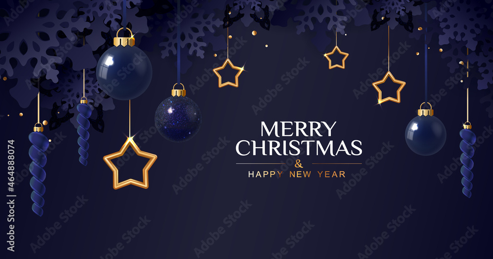 Naklejka premium Christmas card with stars icicles and balls. 