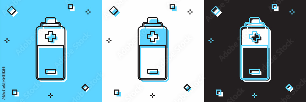 Set Battery icon isolated on blue and white, black background. Lightning bolt symbol. Vector