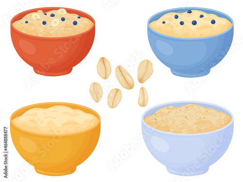 Oatmeal breakfast cups set. Oat grain porridge. Cartoon style muesli. Vector illustration isolated on white background.
