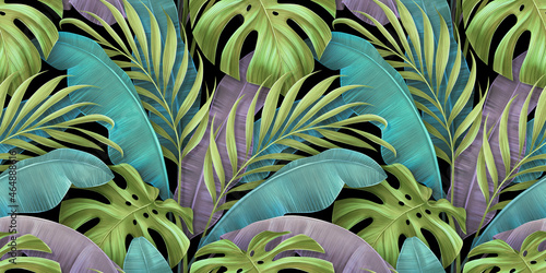 Wallpaper Mural Tropical luxury seamless pattern. Pastel colorful exotic banana leaves, palm. Hand-drawn vintage 3D illustration. Glamorous background design. Good for wallpaper, poster, cloth, fabric printing, paper Torontodigital.ca