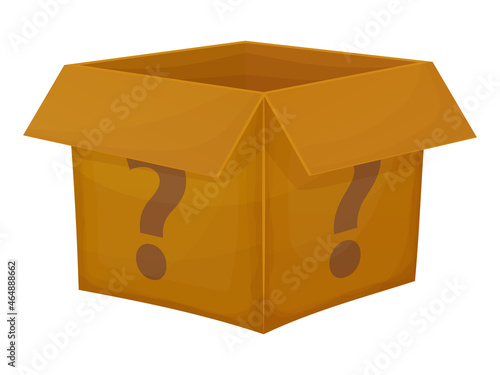 Mystery contest cardboard box. Mystery box gift question icon.