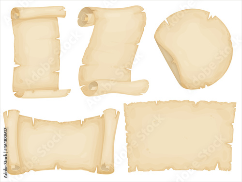 Parchment set. Old paper scrolls. Vintage letter, certificate, treasure map or historical document. Illustration isolated on white background.