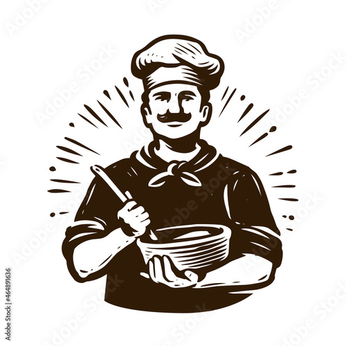 Chef whips dough with culinary whisk for baking. Cooking emblem in vintage style. Vector illustration