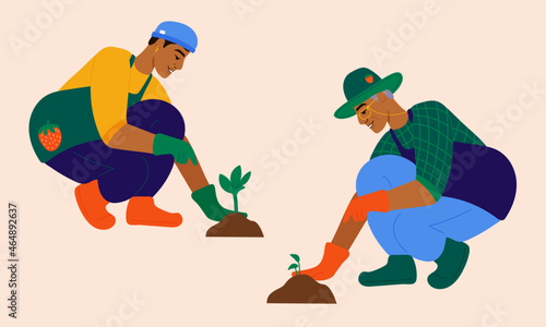 Illustration of father and son planting herbs in garden