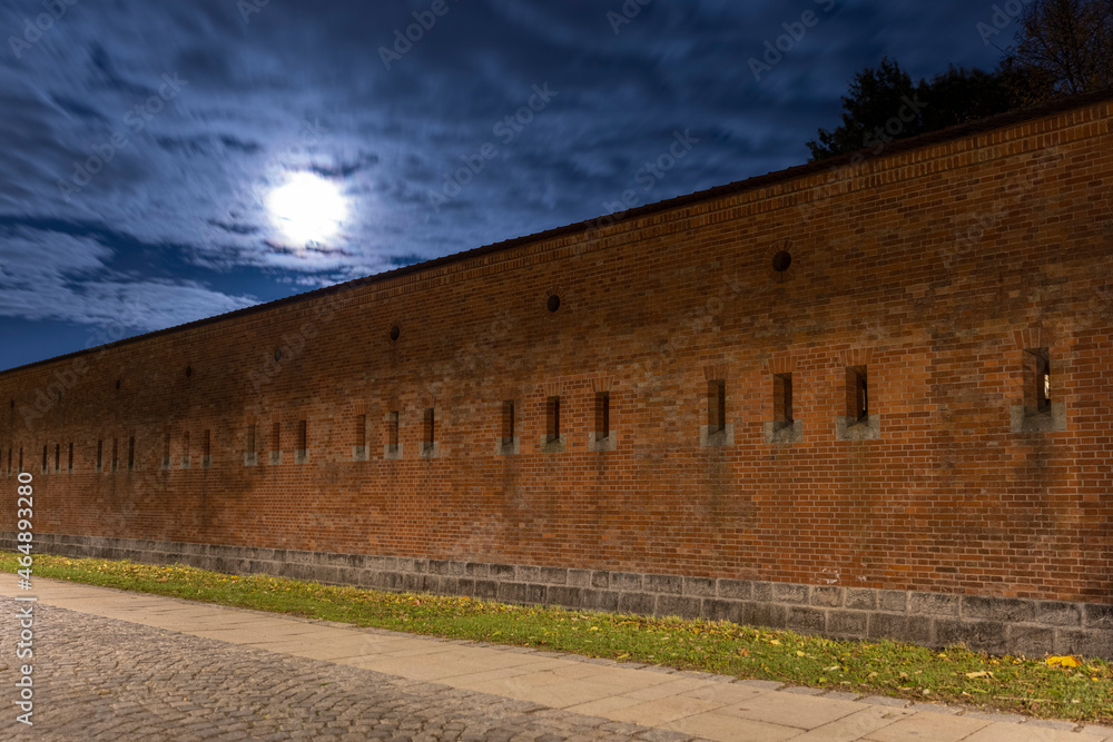 Full moon above historical fortification in Ingolstadt, Germany
