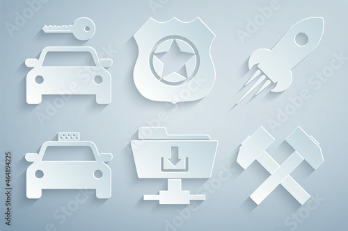 Set FTP folder download, Rocket ship with fire, Taxi car, Two crossed hammers, Police badge and Car rental icon. Vector