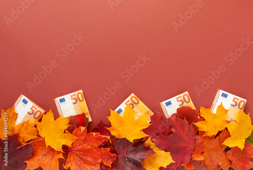 Paper money with a face value of 50 euros and autumn, colorful maple leaves. Autumn background with money in euros, free space. The concept of seasonal price changes. Autumn sale.
