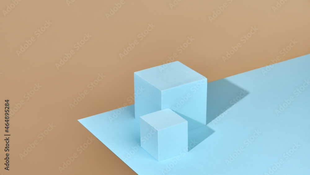 Two podiums on blue and beige background. Backdrop for product display. Two podiums on blue and beige background. Backdrop for product display.