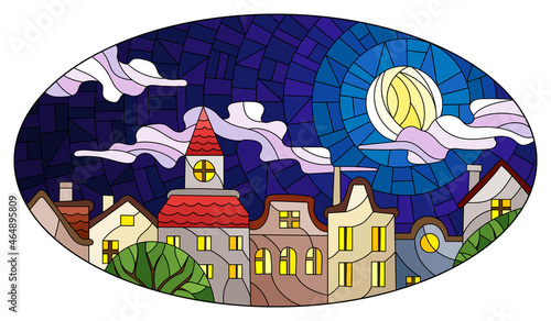 Illustration in the style of stained glass with city roofs against the night sky, oval image