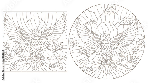 A set of contour illustrations in the style of stained glass with abstract eagles, dark contours on a white background