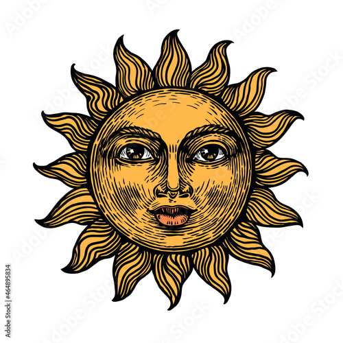 Sun with face color sketch engraving vector illustration